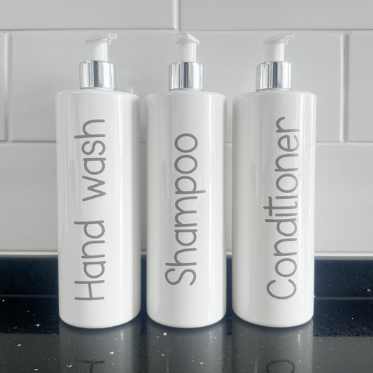 500ml UV Printed White Bathroom Bottles (Shampoo, Conditioner, Body Wash) – With Elegant Grey Font - 1 Bottle