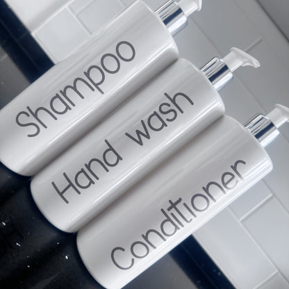 500ml UV Printed White Bathroom Bottles (Shampoo, Conditioner, Body Wash) – With Elegant Grey Font - 4 bottles