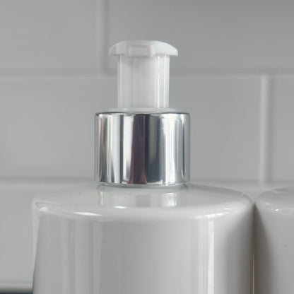 500ml UV Printed White Bathroom Bottles (Shampoo, Conditioner, Body Wash) – With Elegant Grey Font - 3 bottles