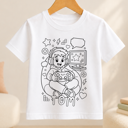 Line-art colour-in design of a boy wearing a headset playing on a games controller, surrounded by speech bubbles and game icons, printed on a white kids' t-shirt with a personalised name below