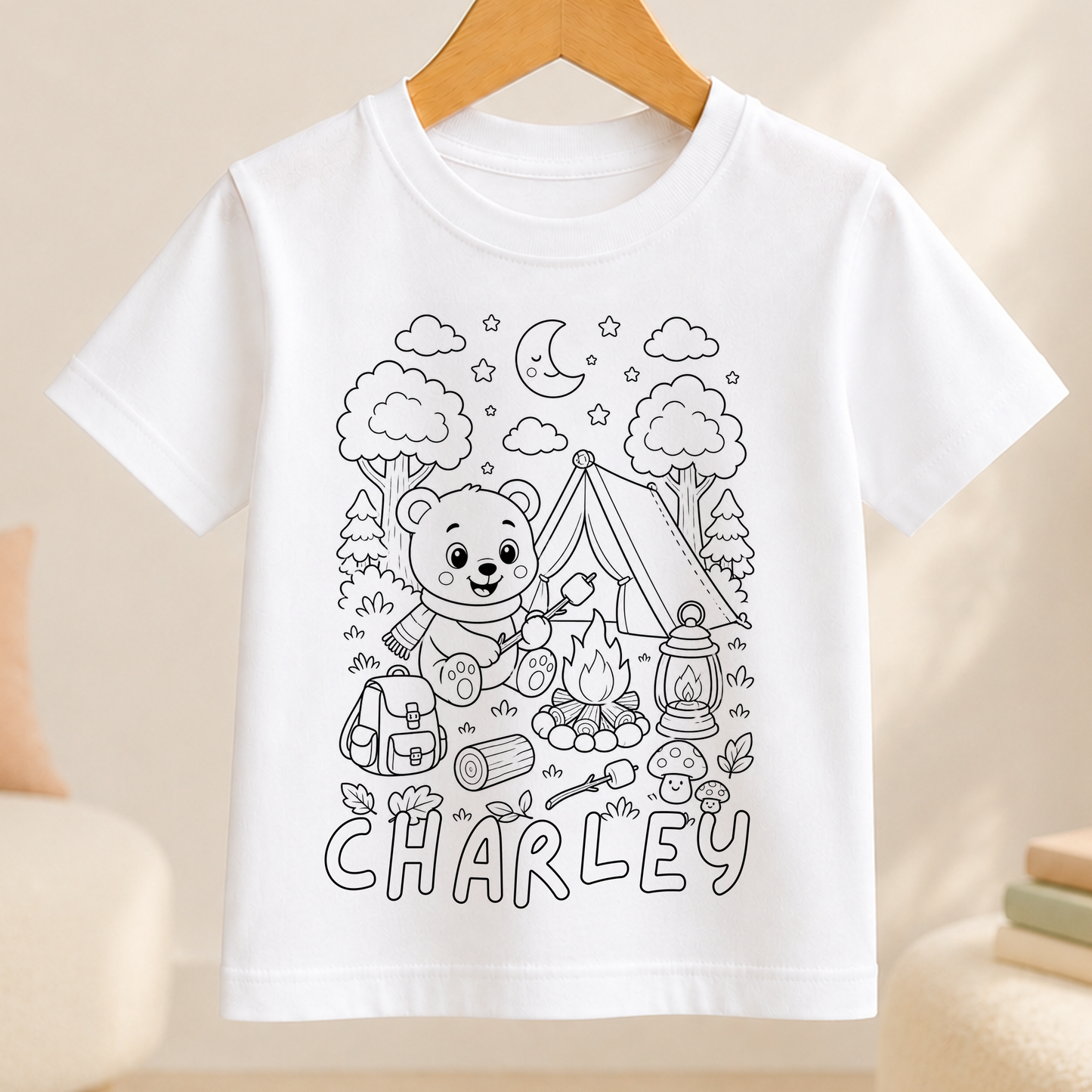 camping teddy bear colour-in outline