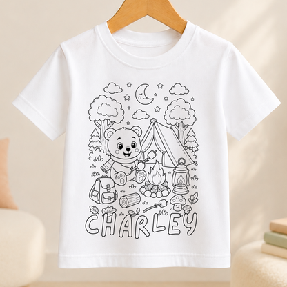 camping teddy bear colour-in outline