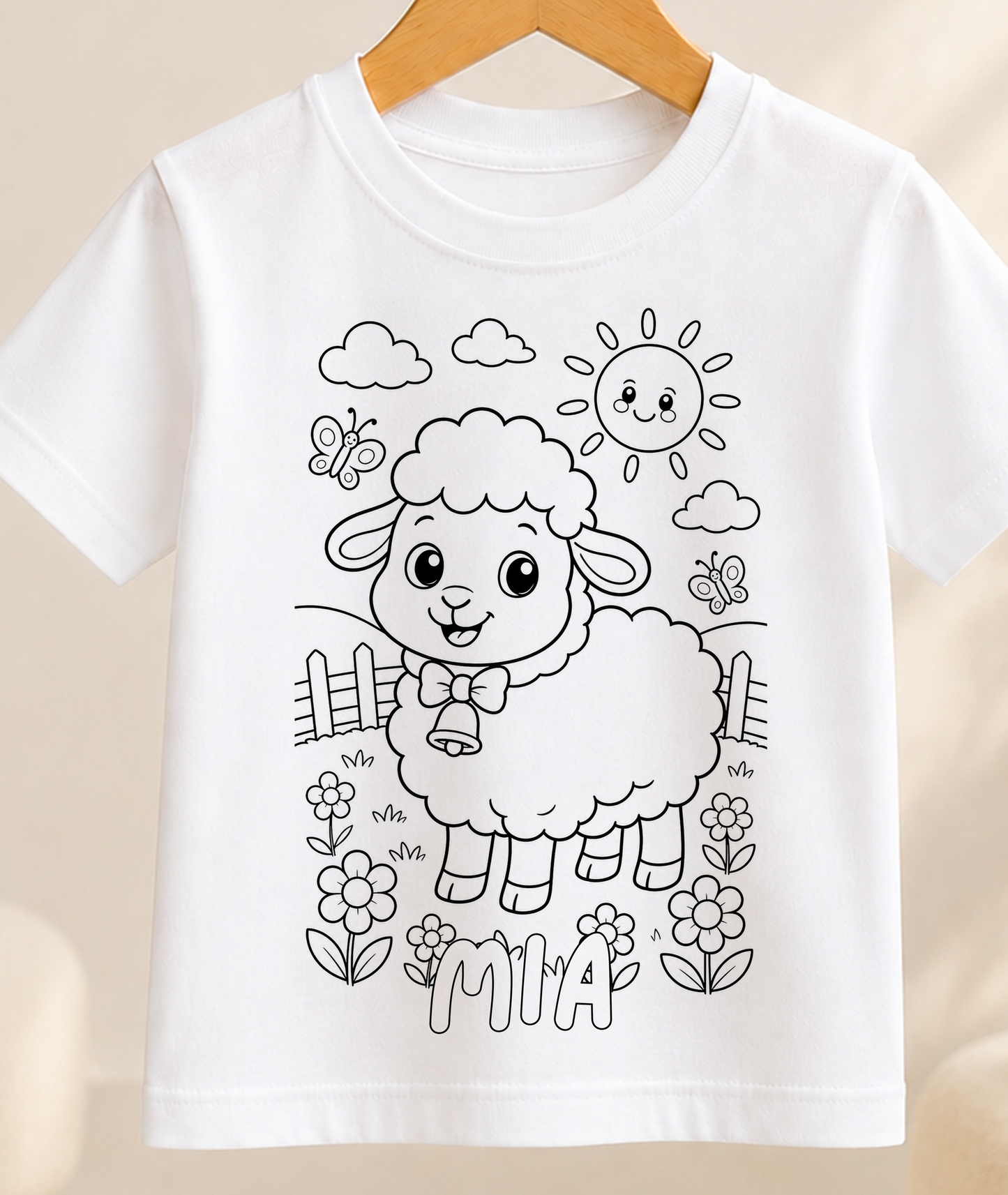 Personalised Sheep Colour-In Activity Kids T-Shirt – With Washable Pens, Custom Name