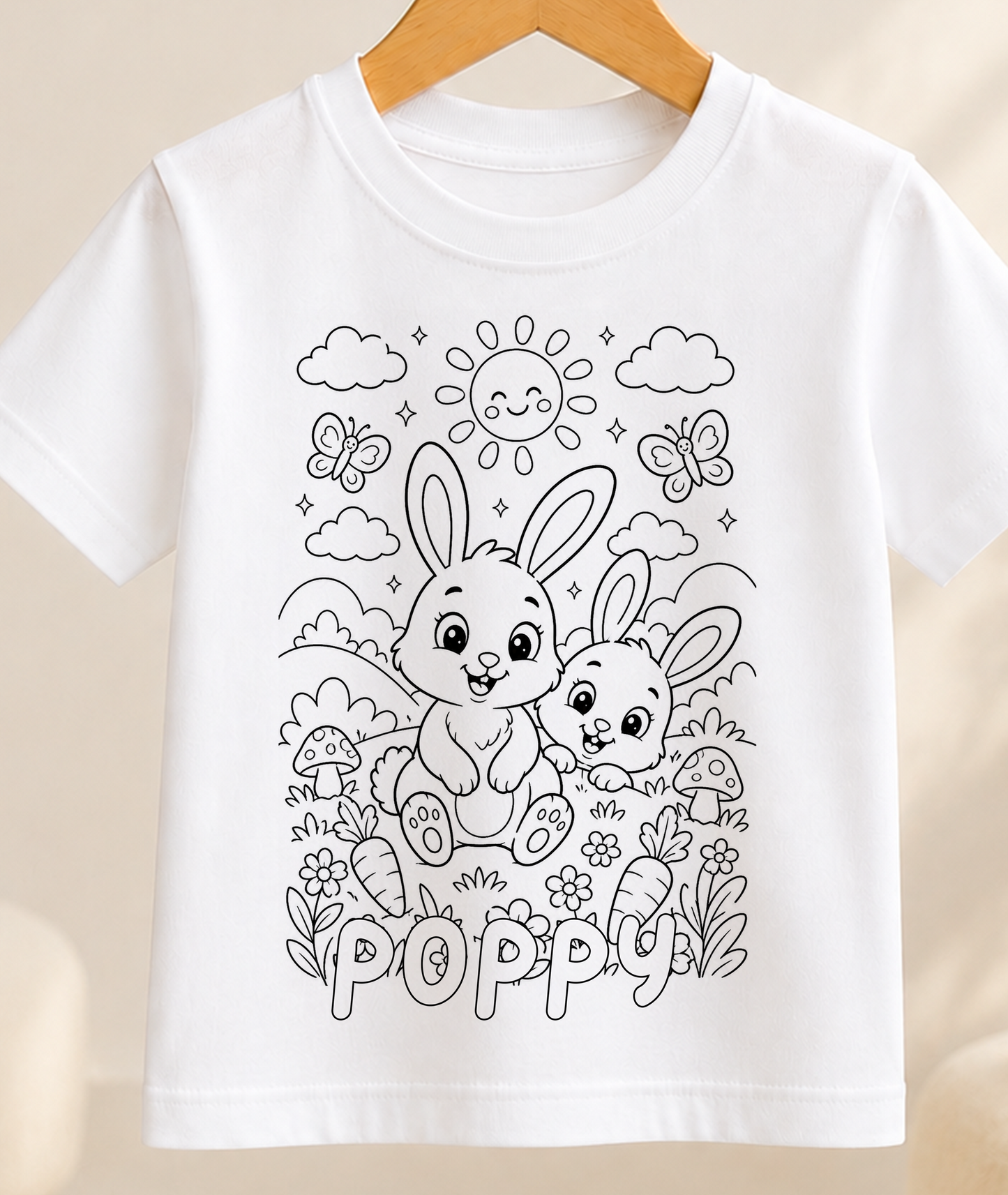 Personalised Bunny Rabbits Colour-In Activity Kids T-Shirt – With Washable Pens, Custom Name