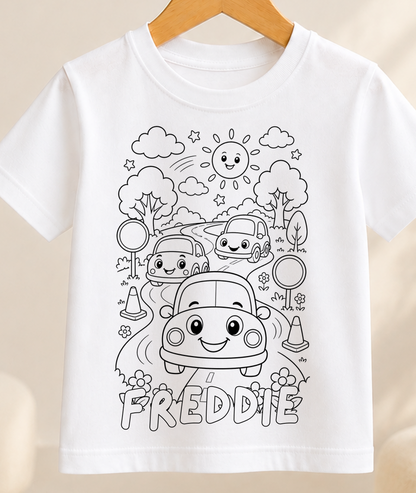 Colour-in kids t-shirt with black-and-white line art cars racing along a winding road, personalised with a name