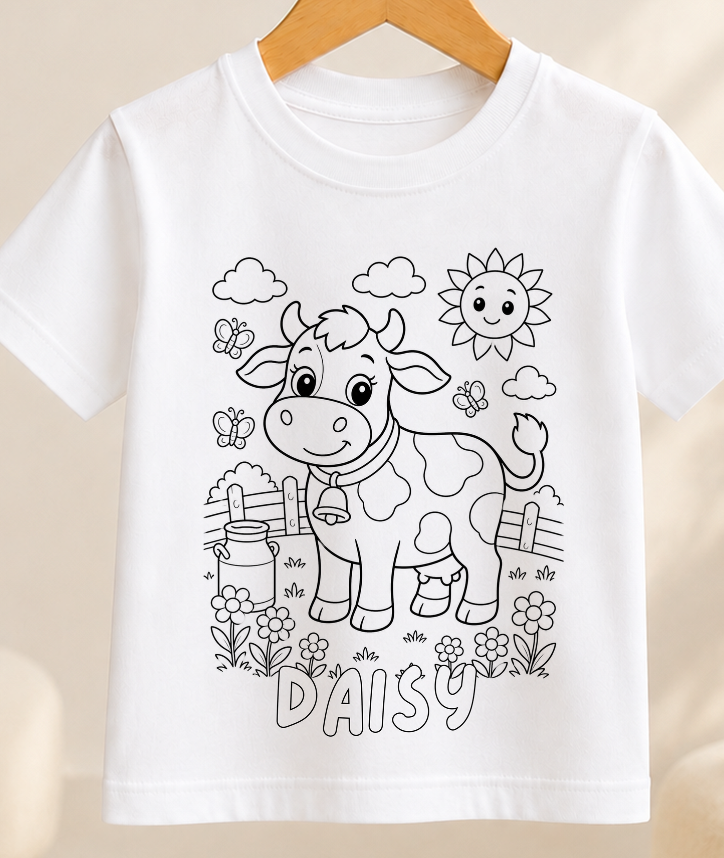Personalised Cow Colour-In Activity Kids T-Shirt – With Washable Pens, Custom Name