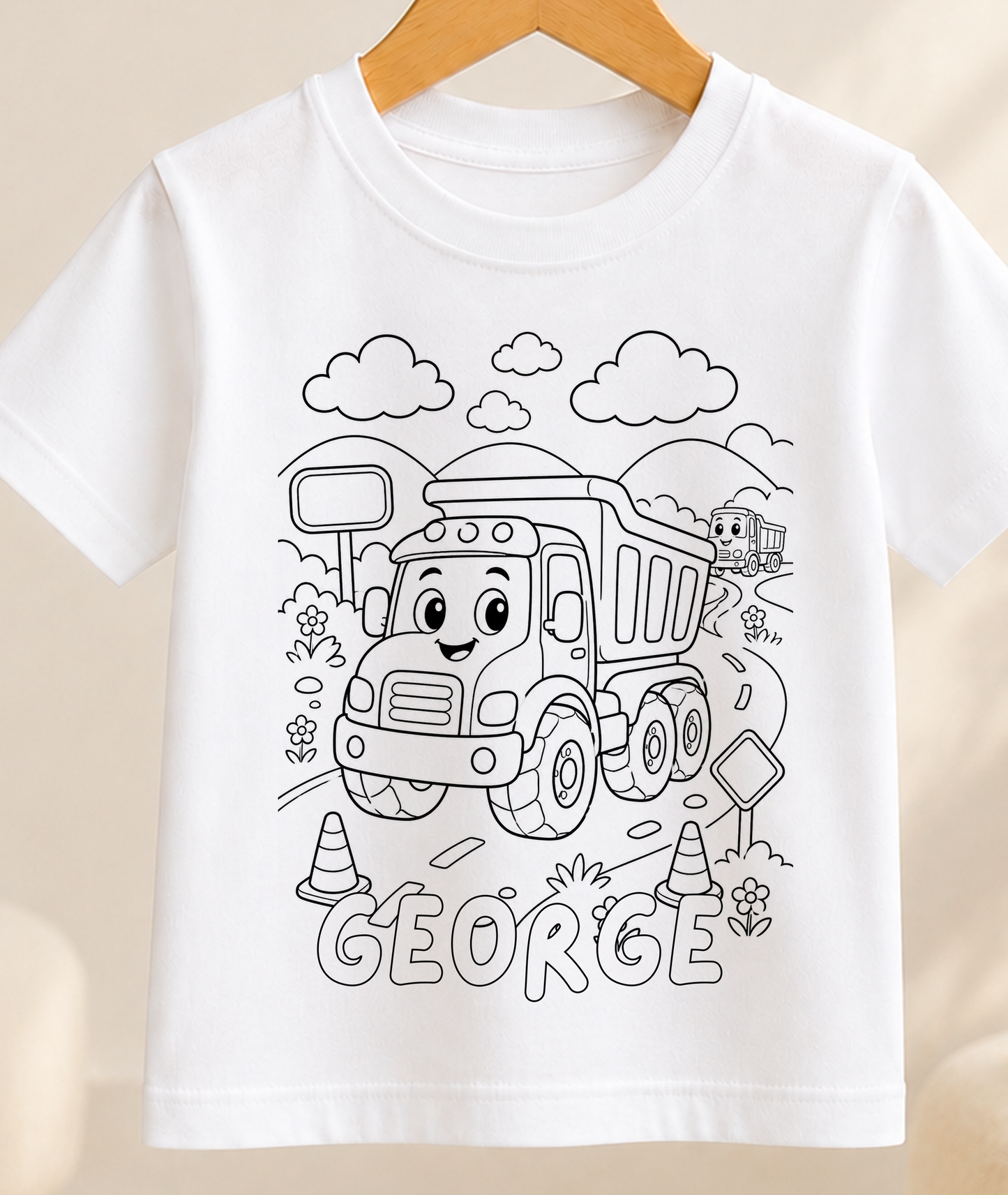 Personalised Dump Truck Colour-In Activity Kids T-Shirt – With Washable Pens, Custom Name