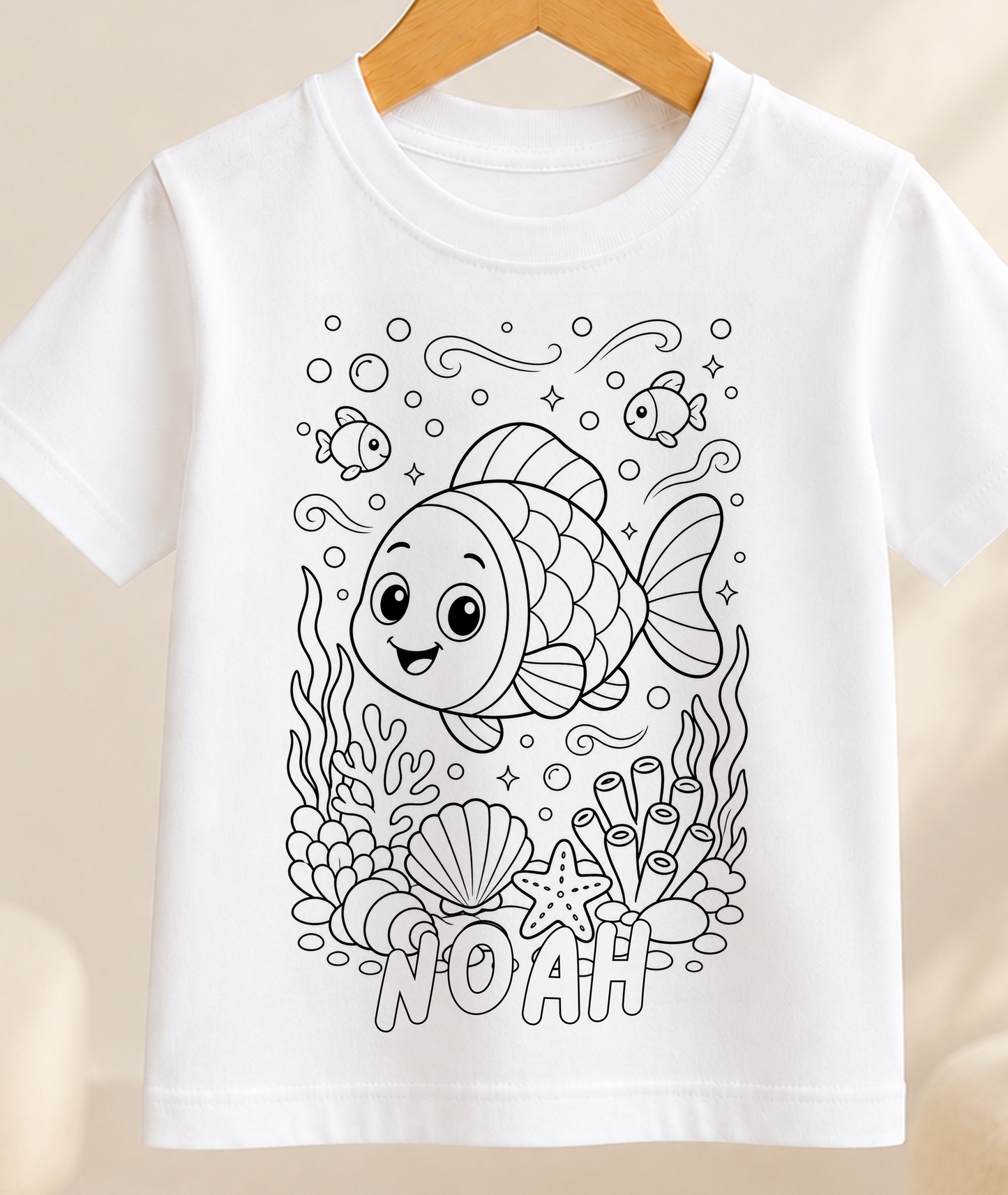 Personalised Fish Colour-In Activity Kids T-Shirt – With Washable Pens, Custom Name