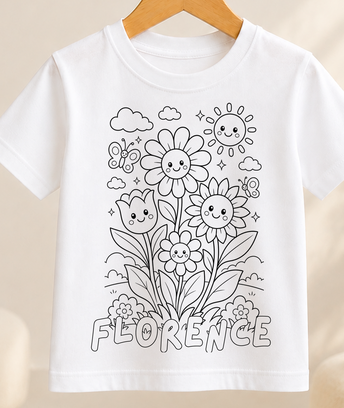 Personalised Flowers Colour-In Activity Kids T-Shirt – With Washable Pens, Custom Name