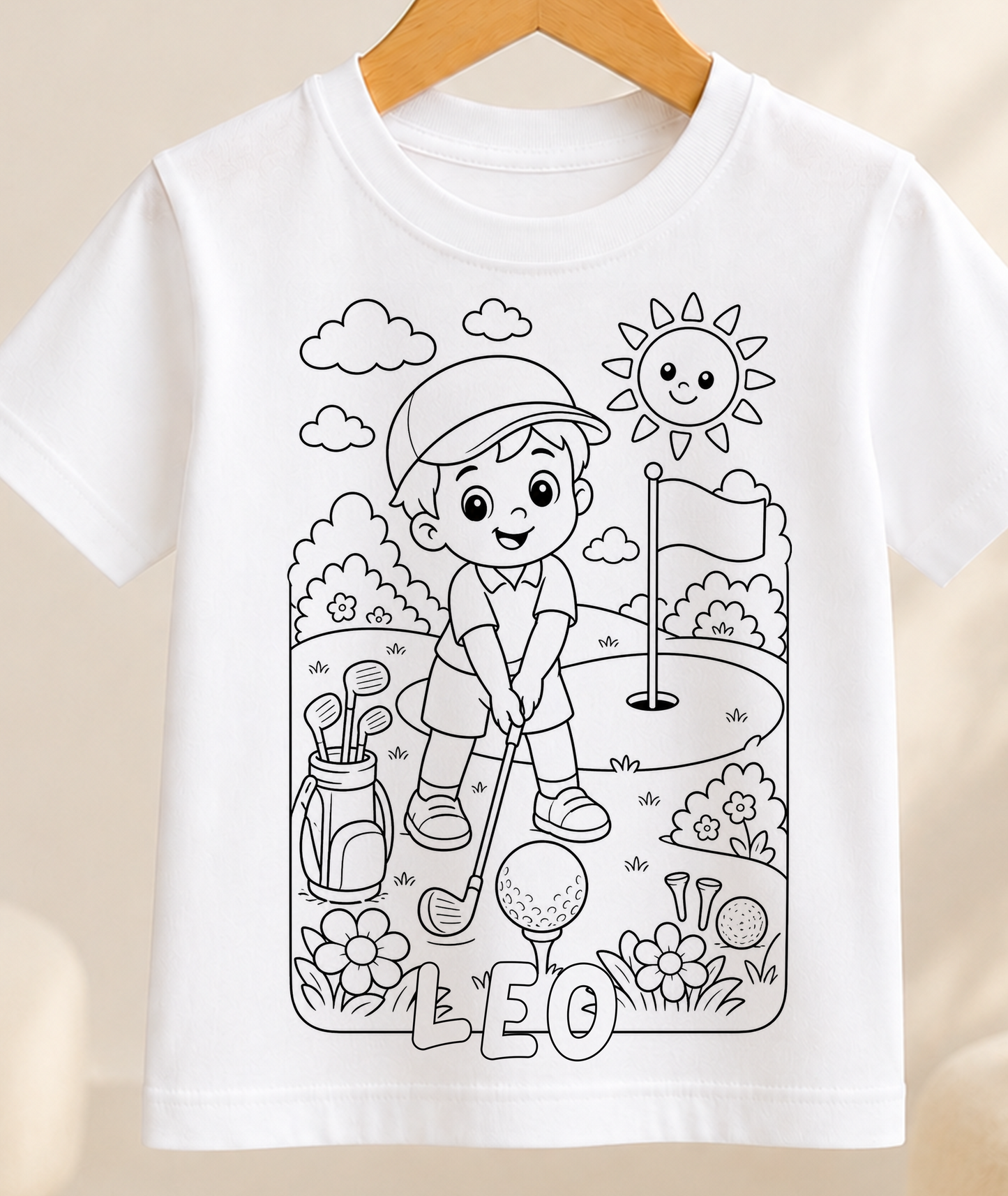 Personalised Golf Boy Colour-In Activity Kids T-Shirt – With Washable Pens, Custom Name
