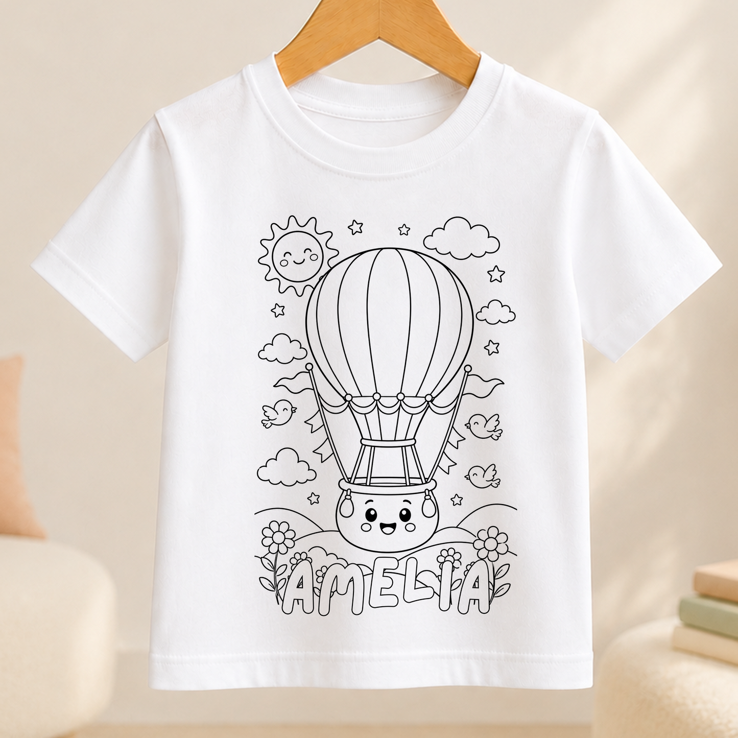Personalised Hot Air Balloon Colour-In Activity Kids T-Shirt – With Washable Pens, Custom Name