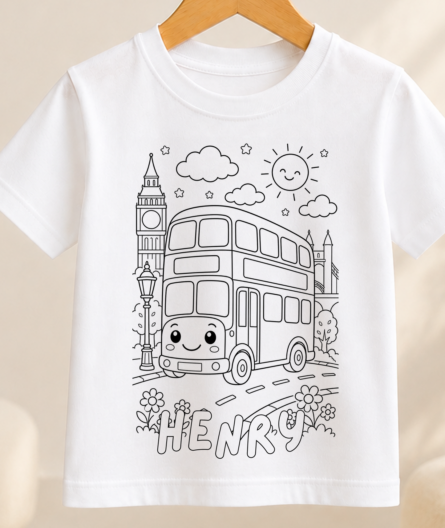 Personalised London Bus Colour-In Activity Kids T-Shirt – With Washable Pens, Custom Name