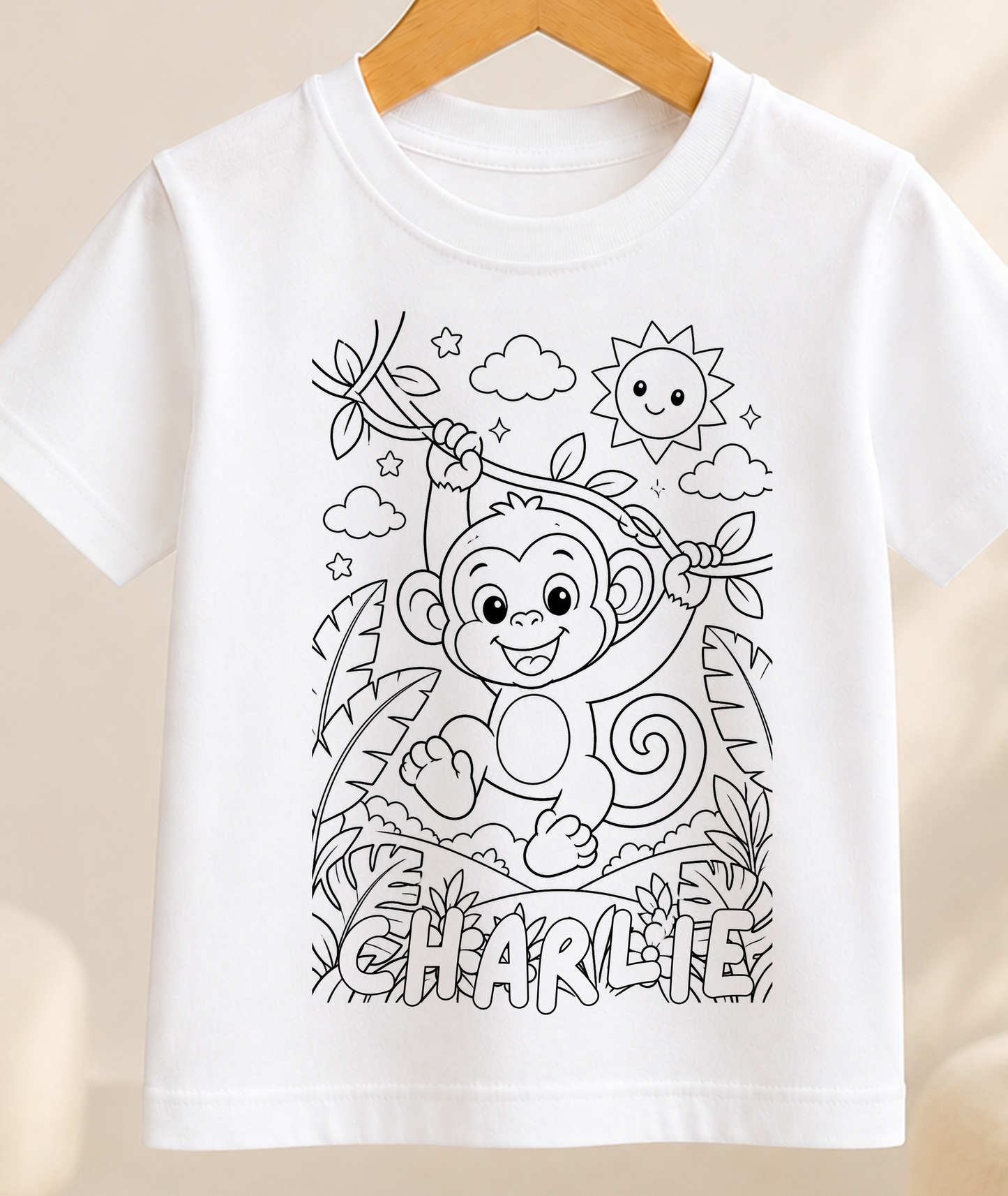 Personalised Monkey Colour-In Activity Kids T-Shirt – With Washable Pens, Custom Name