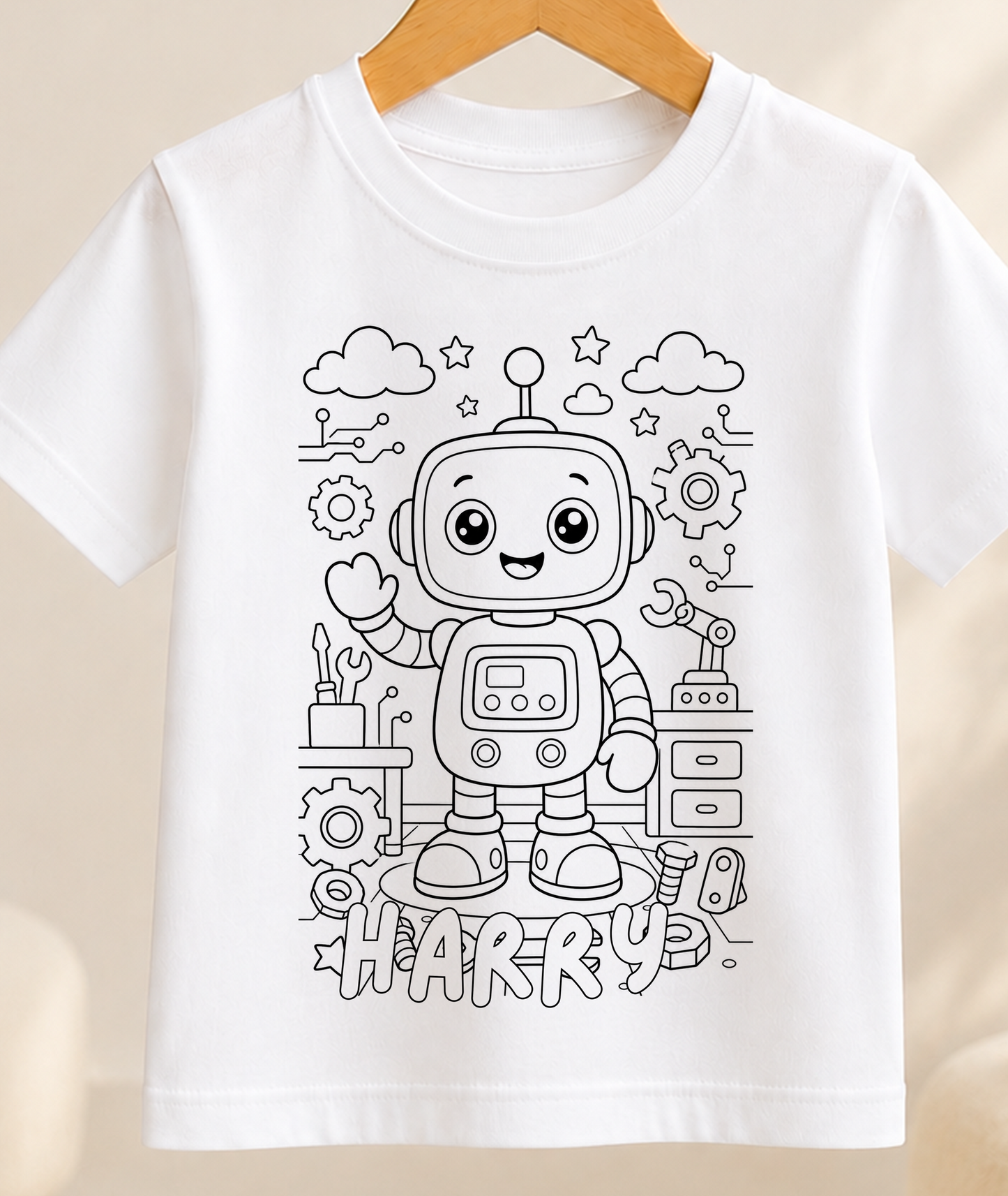 Personalised Robot Colour-In Activity Kids T-Shirt – With Washable Pens, Custom Name