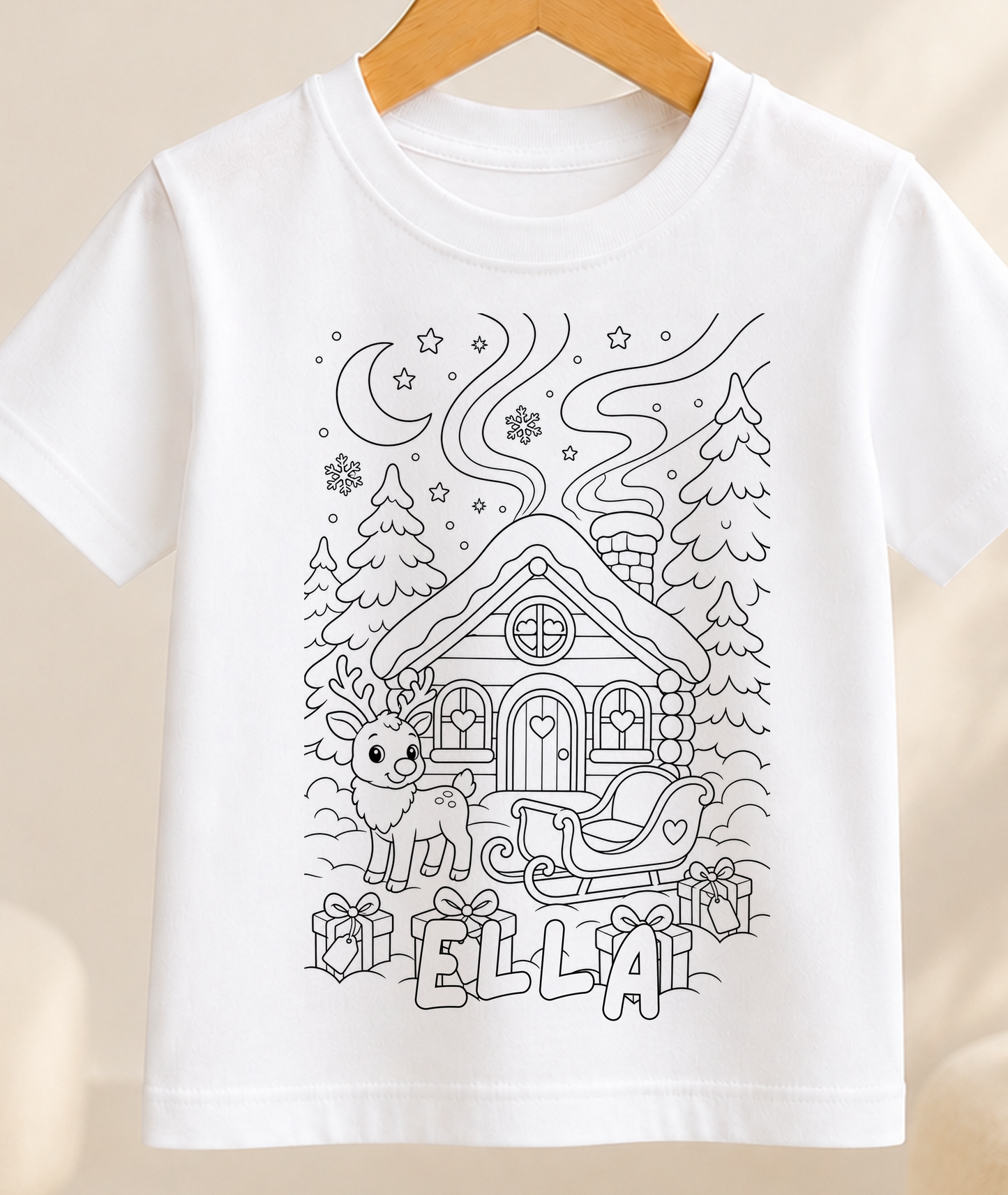 Personalised Santa's House Colour-In Activity Kids T-Shirt – With Washable Pens, Custom Name