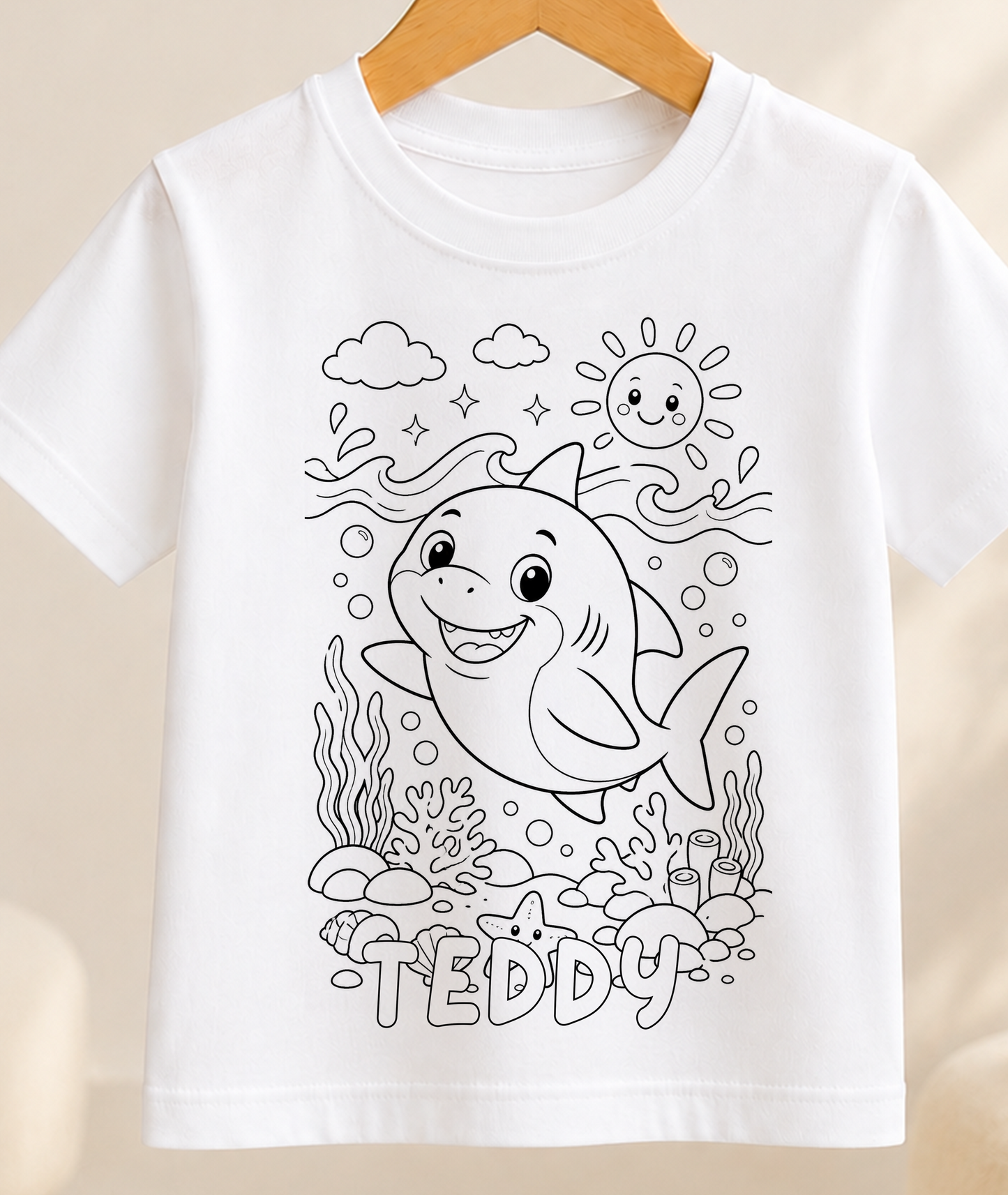 Personalised Shark Colour-In Activity Kids T-Shirt – With Washable Pens, Custom Name