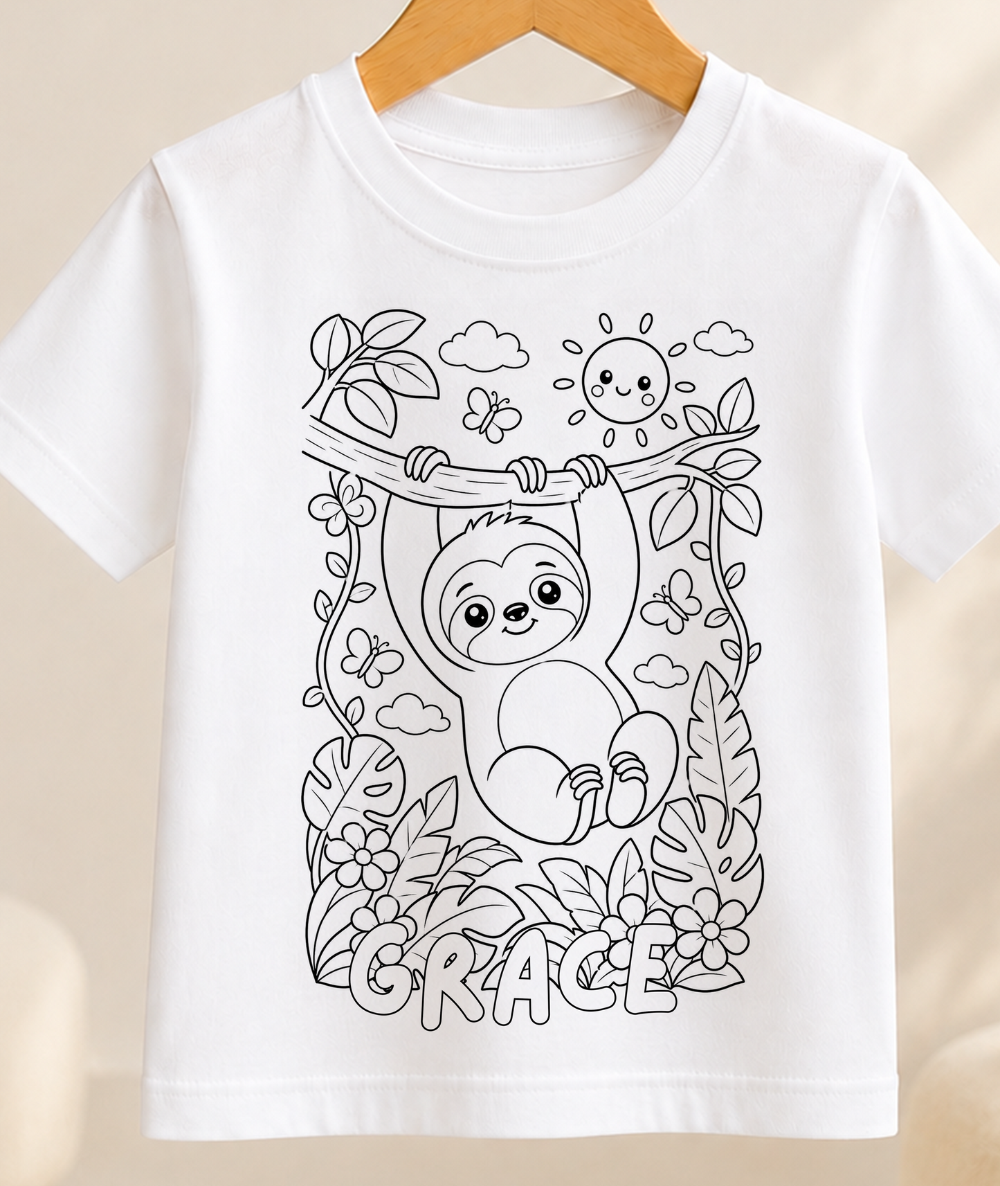 Personalised Sloth Colour-In Activity Kids T-Shirt – With Washable Pens, Custom Name