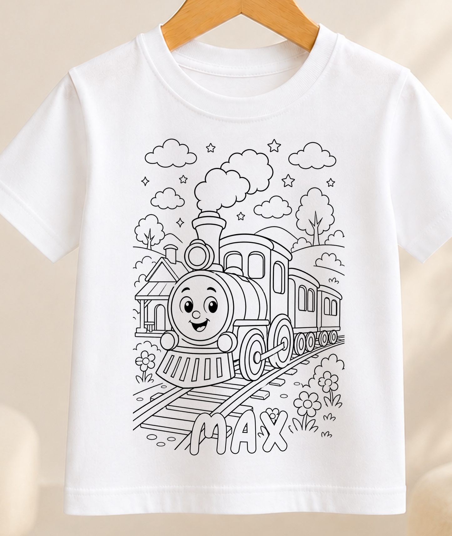Personalised Steam Train Colour-In Activity Kids T-Shirt – With Washable Pens, Custom Name