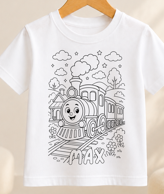 Colour-in kids t-shirt with a black-and-white line art classic steam train on the tracks, personalised with a name