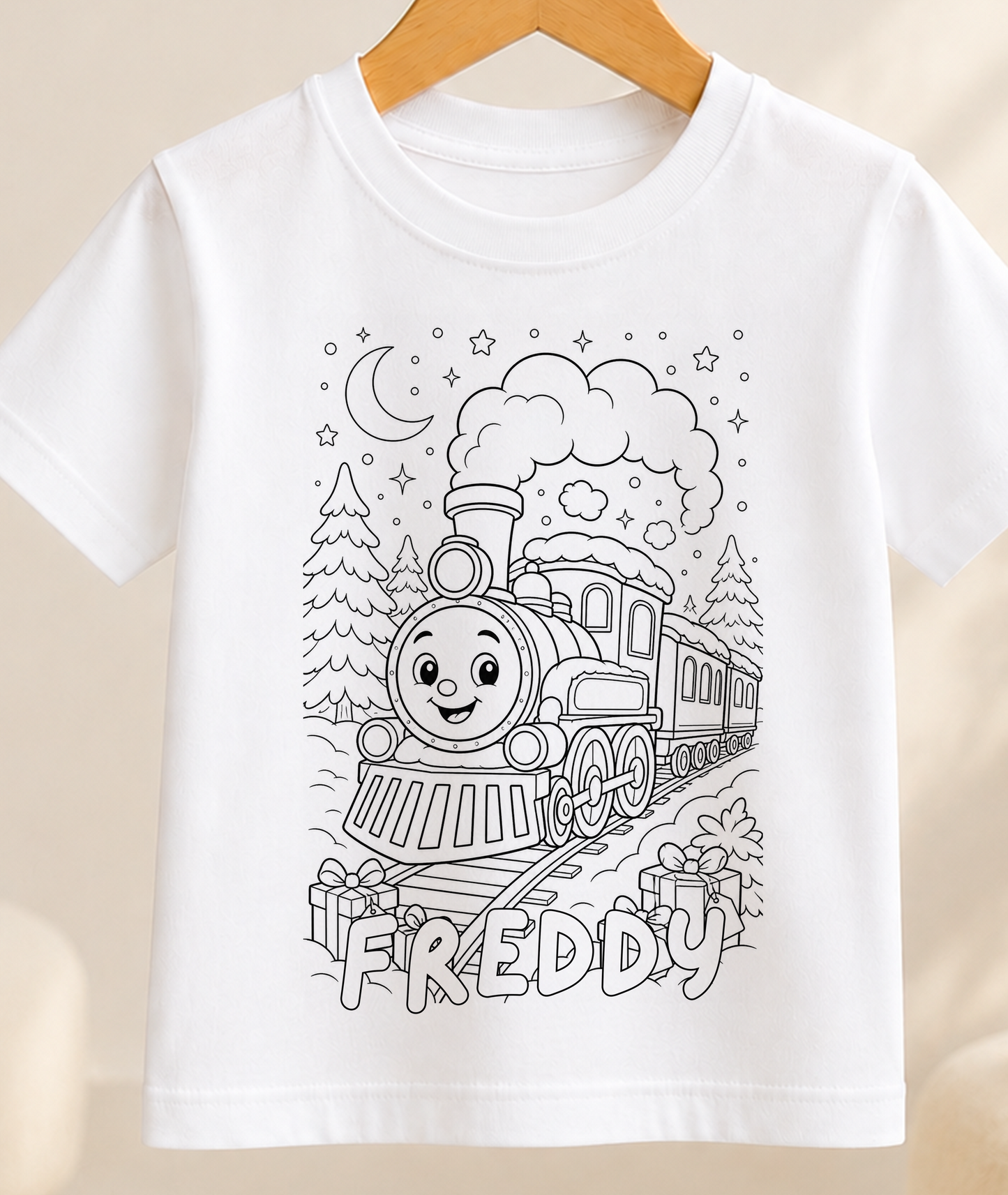 Personalised Christmas Train Colour-In Activity Kids T-Shirt – With Washable Pens, Custom Name