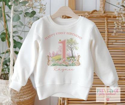 Personalised First Birthday Jumper – Custom Baby Sweatshirt With Bunny Flower Design - 6-12  months