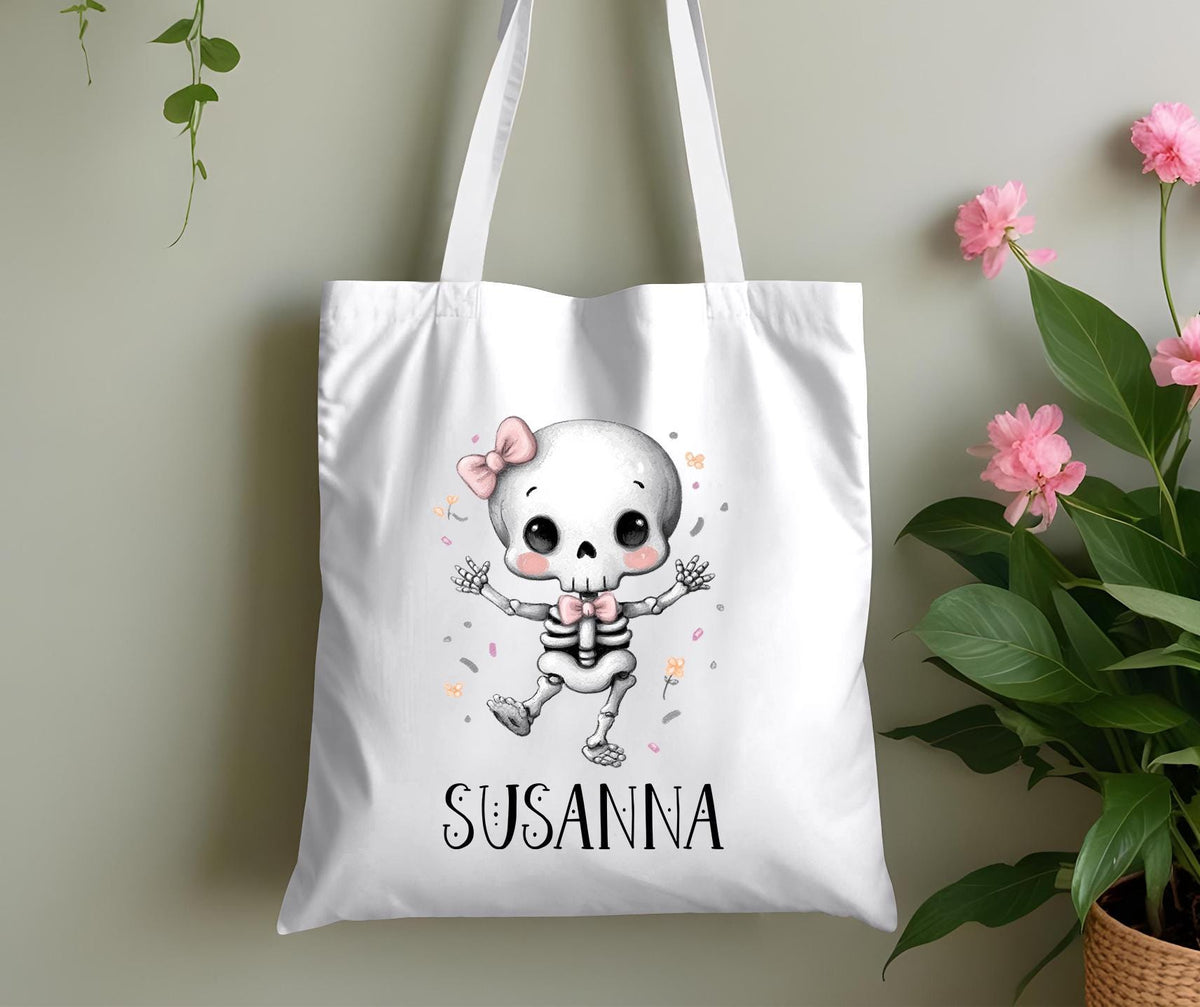 Personalised Pink Skeleton Tote – Custom Name Halloween Bag - White