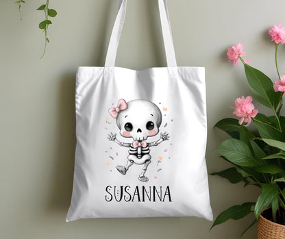 Personalised Pink Skeleton Tote – Custom Name Halloween Bag - White