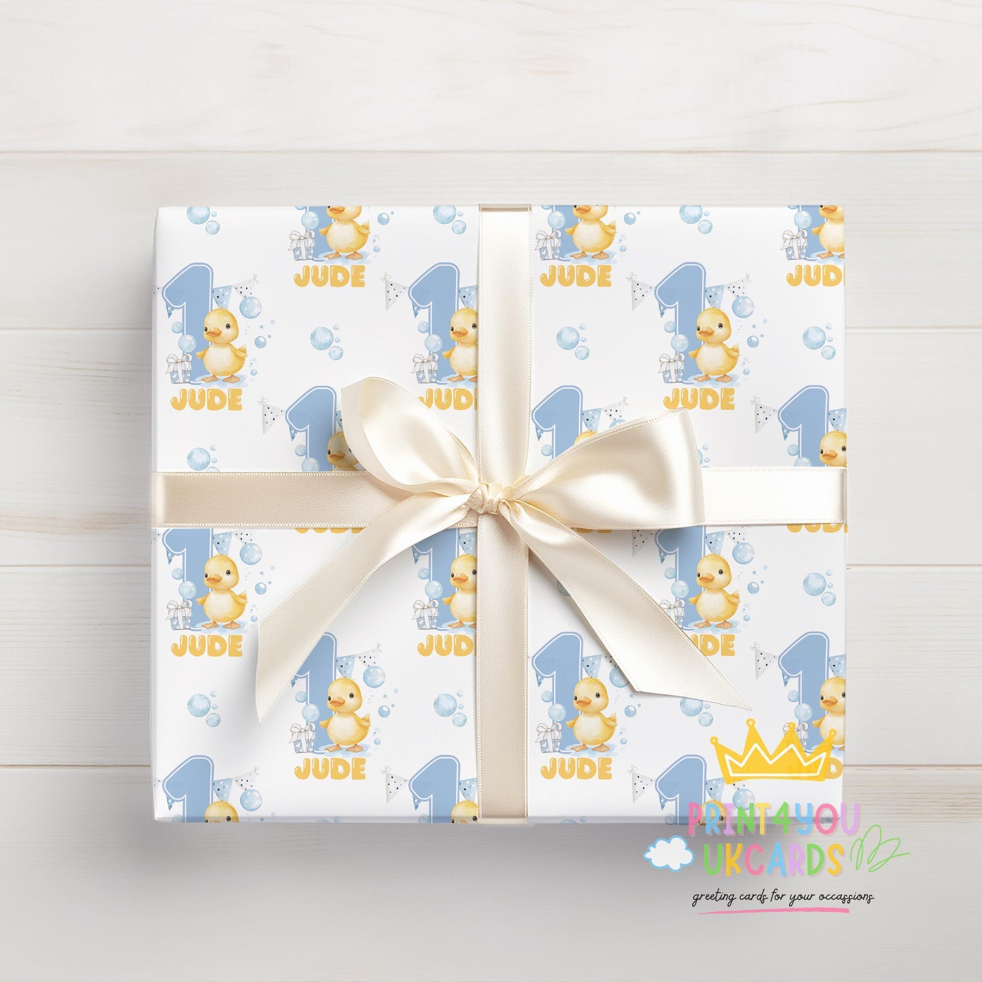 Roll of the personalised duck wrapping paper packaged ready for postal delivery.