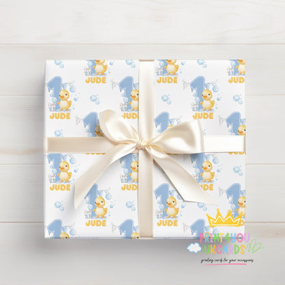Roll of the personalised duck wrapping paper packaged ready for postal delivery.