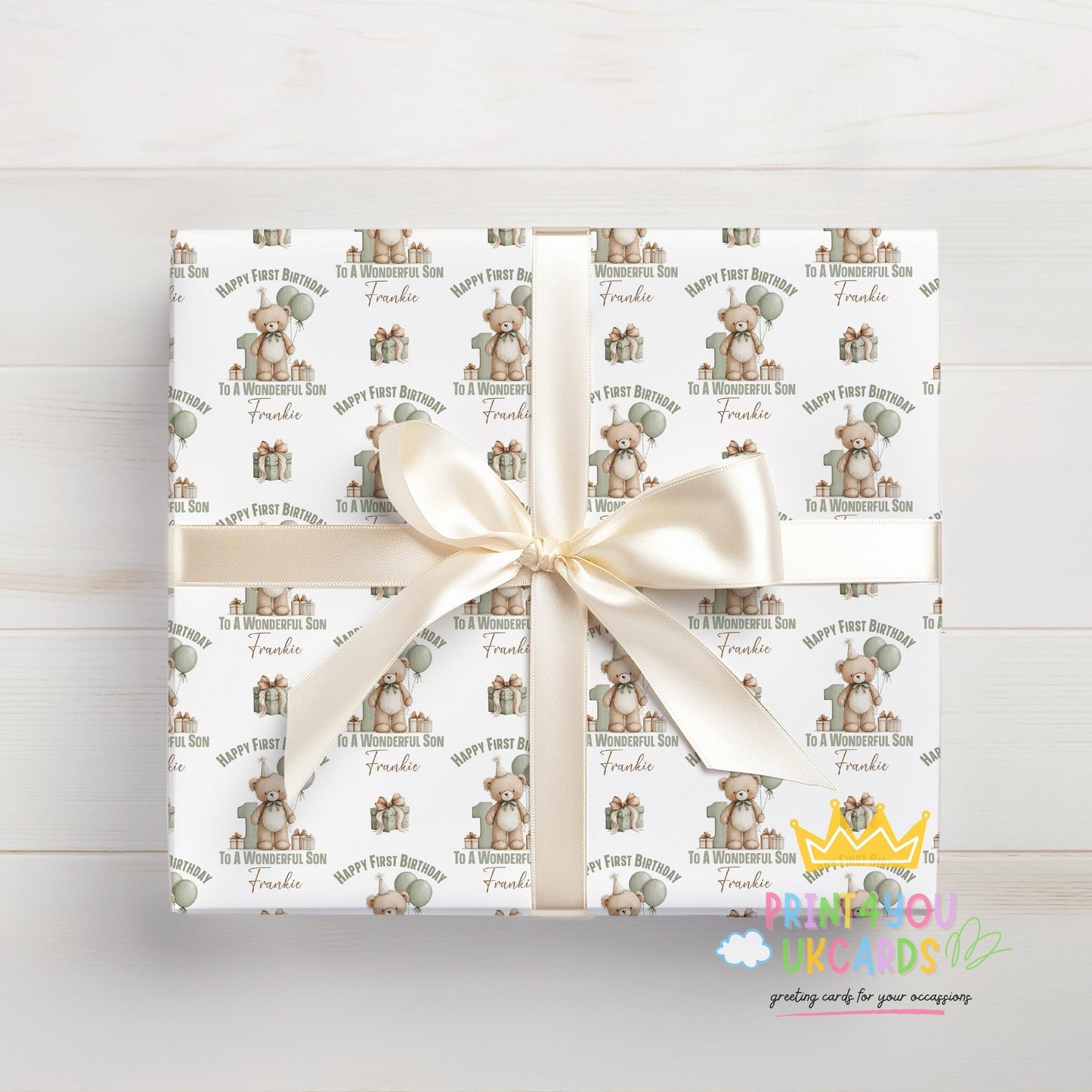 Personalised teddy bear first birthday wrapping paper laid flat, showing the full sage green pattern with custom name.