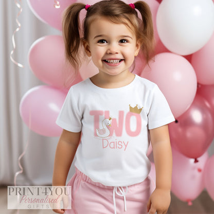 Personalised Birthday T-Shirt - Pink Swan Design | First Birthday Top Cotton Tee