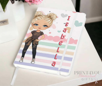 Personalised girl notebook UV-printed PU leather cover with custom name, Girl 3 character design