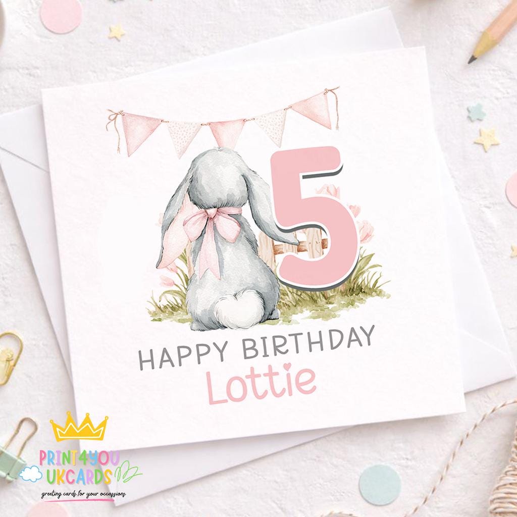 Square personalised birthday card featuring a bunny illustration and pastel bunting, with space for a child's name and age
