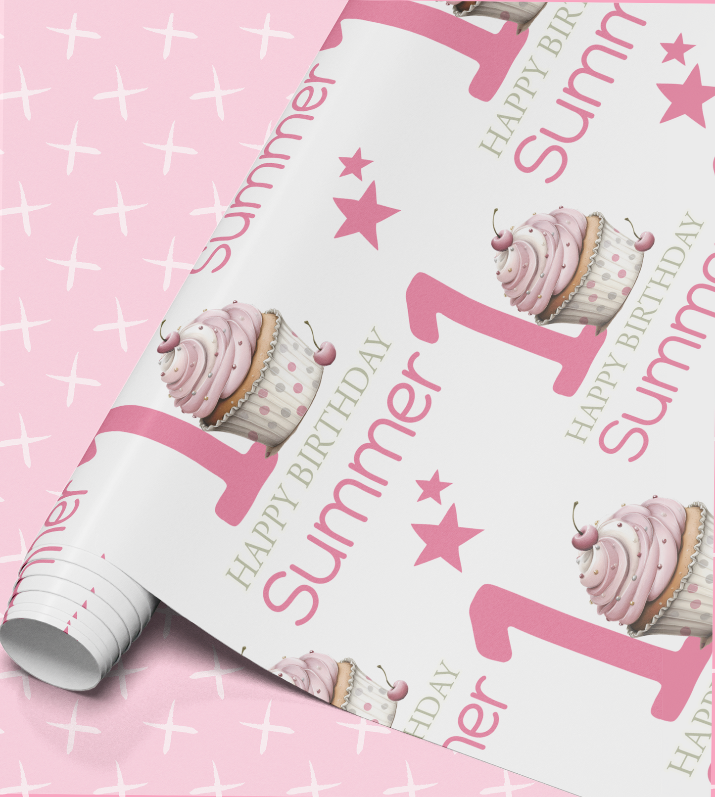 The image is a pink and white wrapping paper with a repeating pattern of cupcakes and stars, along with the text "Happy Summer 1st Birthday".