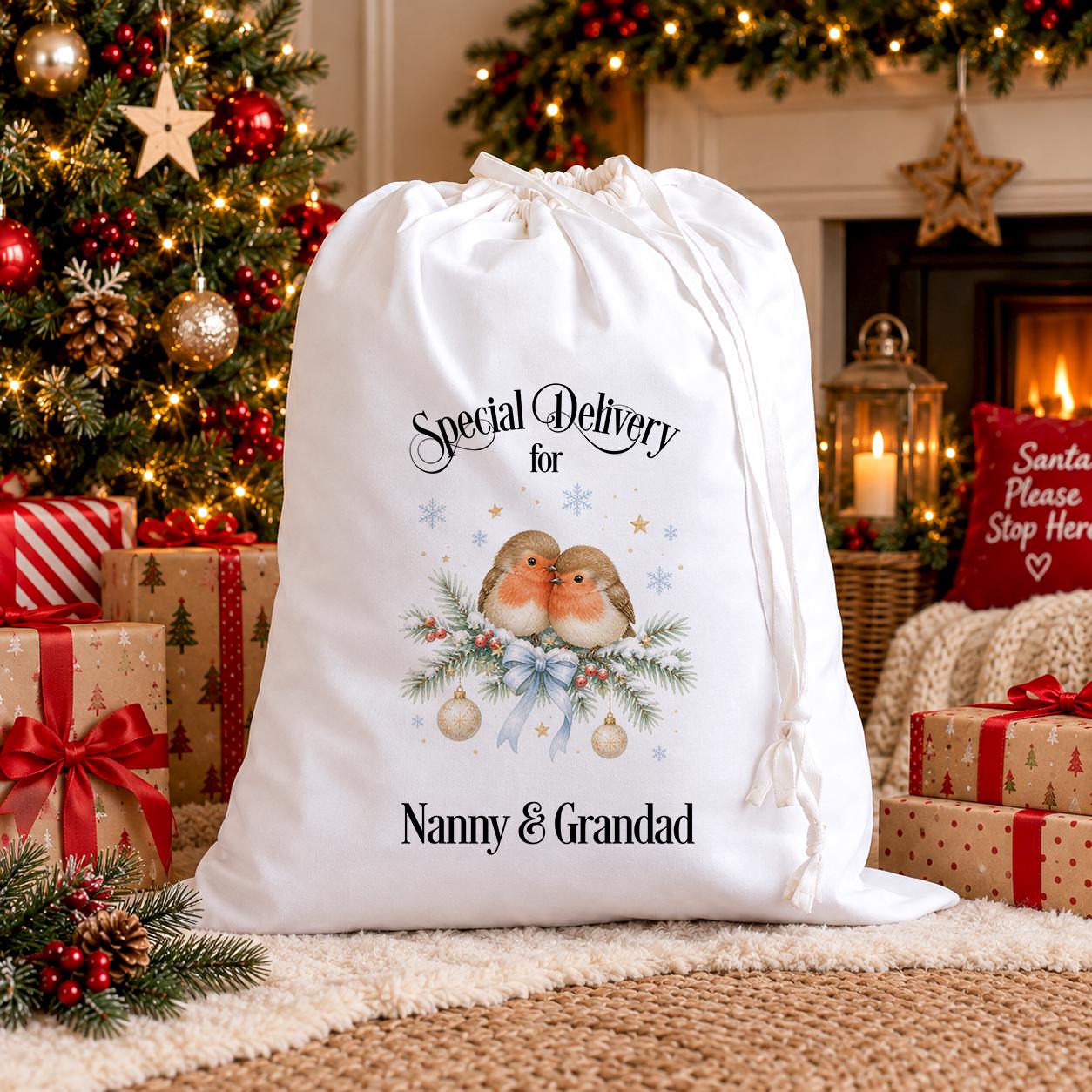 Personalised Christmas Sack | Robin Xmas Bag For Nanny & Grandad