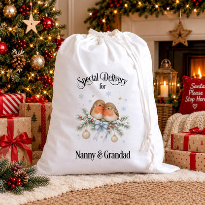 Personalised Christmas Sack | Robin Xmas Bag For Nanny & Grandad