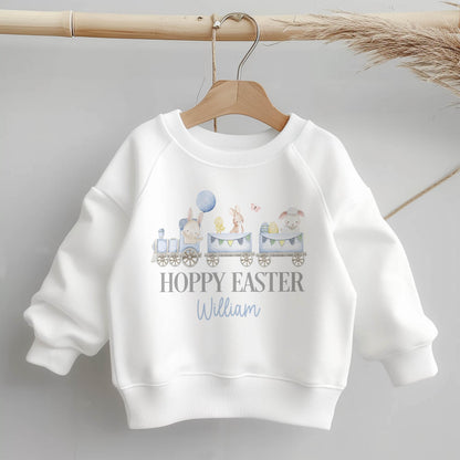 Hoppy Easter train jumper for children, personalised with a name, front view
