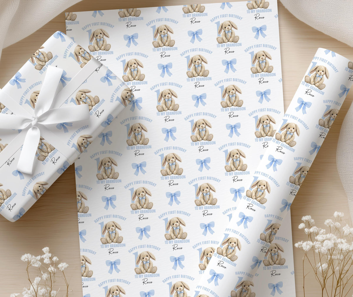 Close-up detail of the baby rabbit 1st birthday pattern with personalised name