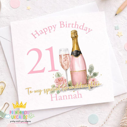 Personalised milestone birthday card for a granddaughter with a pink champagne toast design
