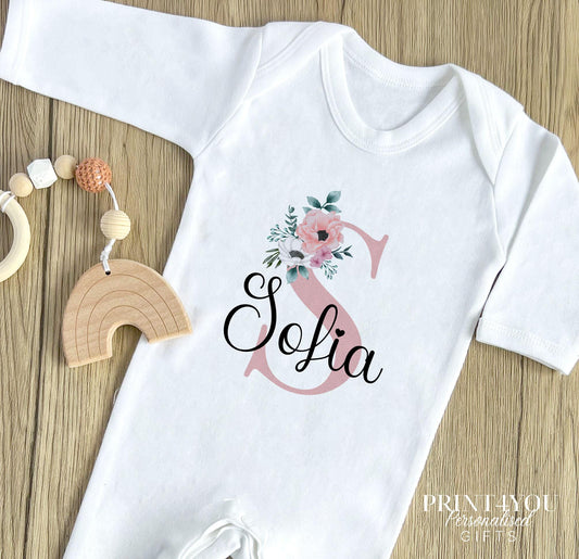 Personalised Pink Floral Initial cotton baby bib with custom initial print.