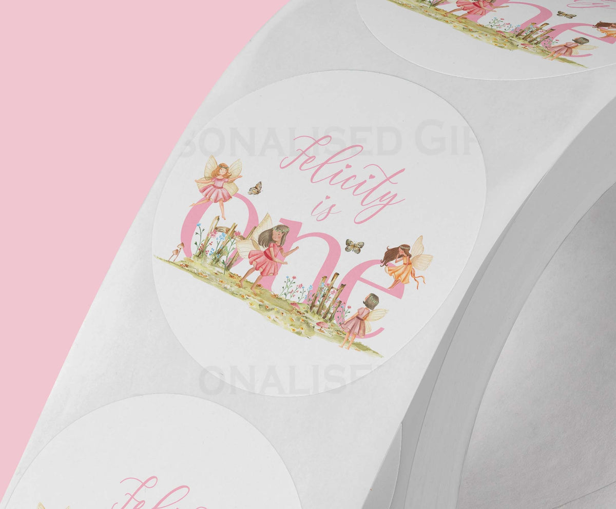 Personalised Fairy ONE 1st birthday stickers, 5cm gloss strips with custom name