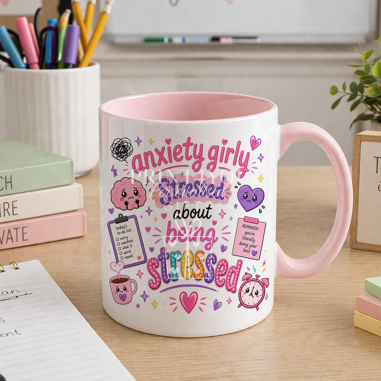 Pink ceramic mug printed with a cheeky anxiety humour design, personalised with a name