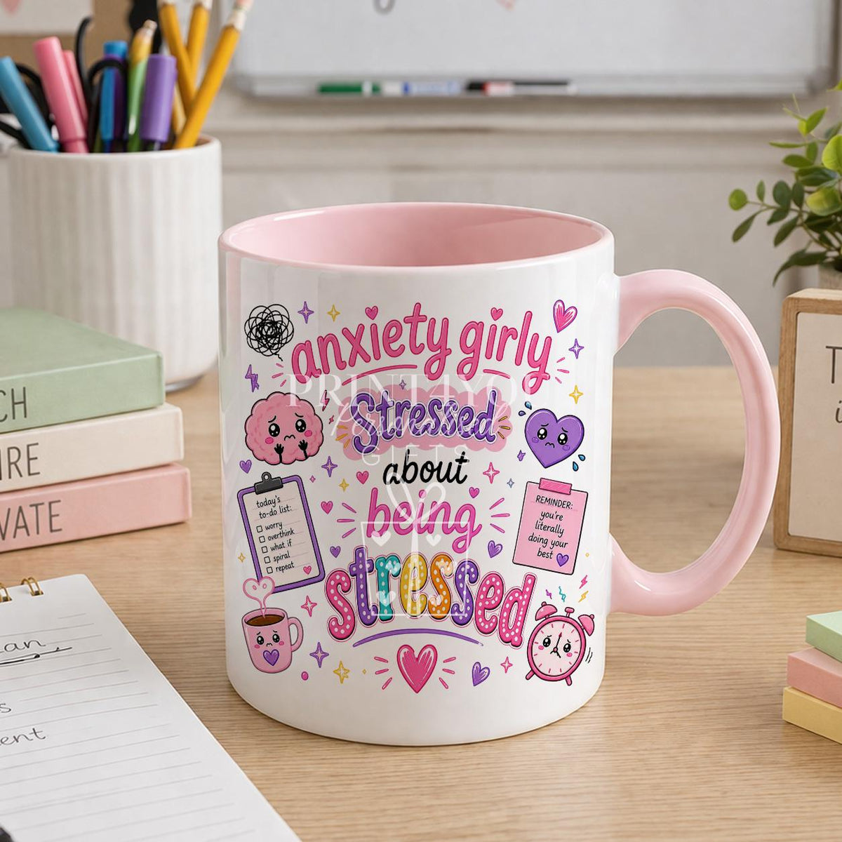 Pink ceramic mug printed with a cheeky anxiety humour design, personalised with a name