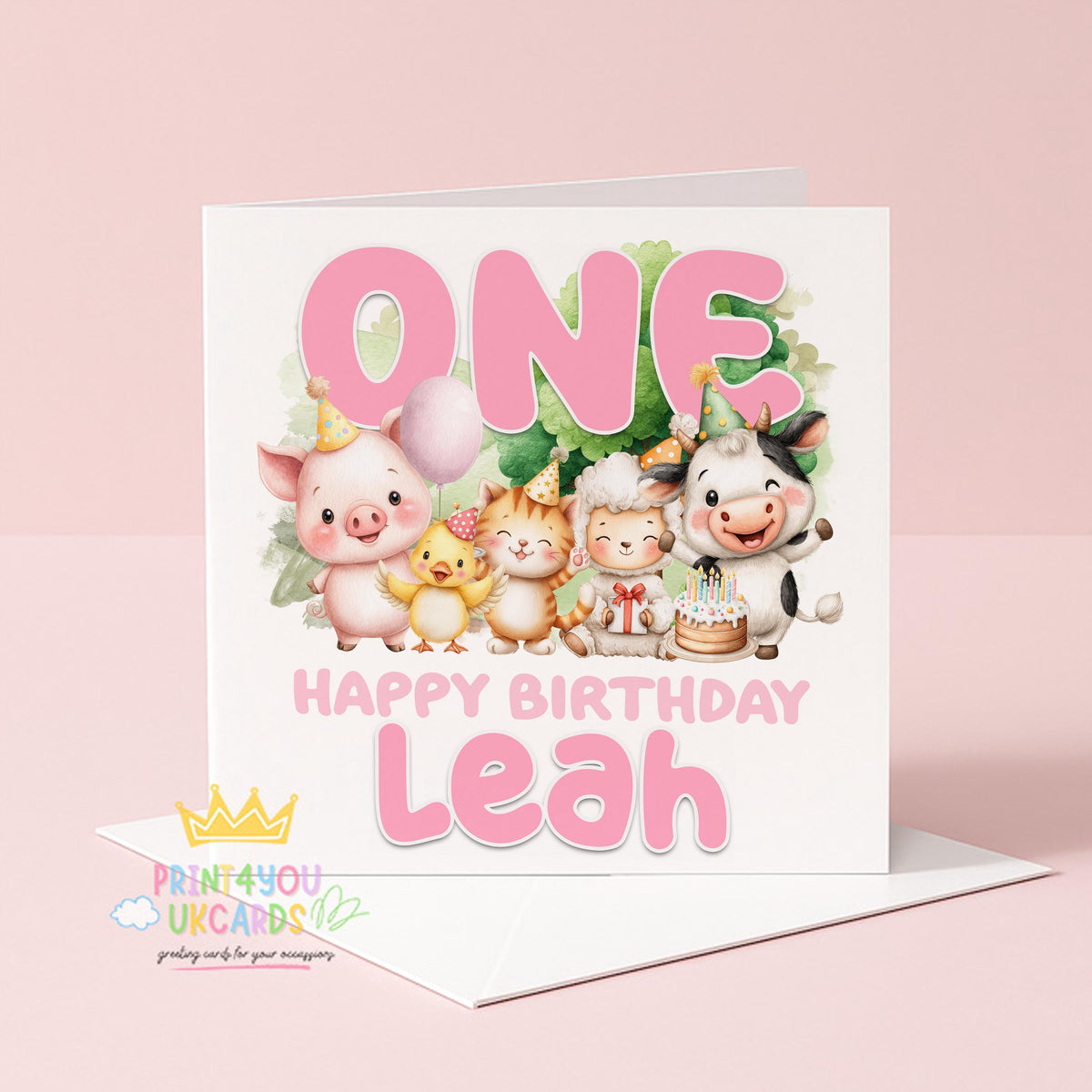 Front view of the personalised farm animal birthday card printed on 350gsm card stock.