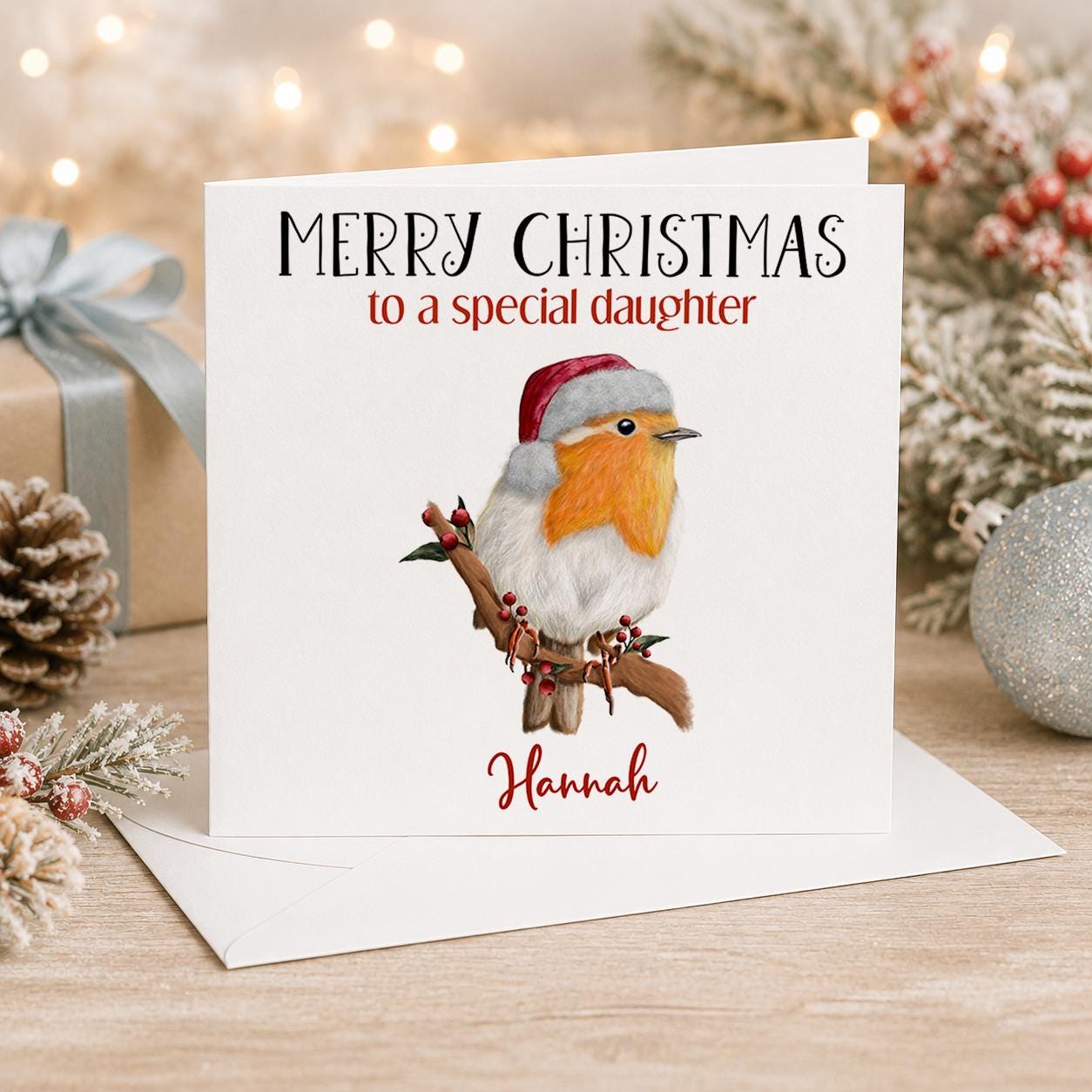 Personalised robin Christmas card, white 6x6 inch square card printed with a robin on a winter branch, Merry Christmas and a name