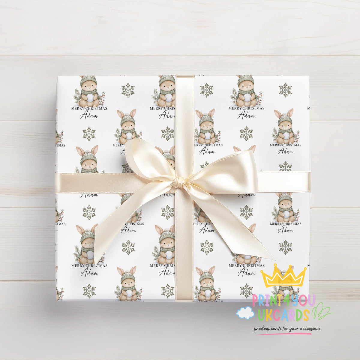 Personalised bunny rabbit Christmas wrapping paper rolled and ready to post in a postal tube