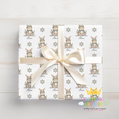 Personalised bunny rabbit Christmas wrapping paper rolled and ready to post in a postal tube