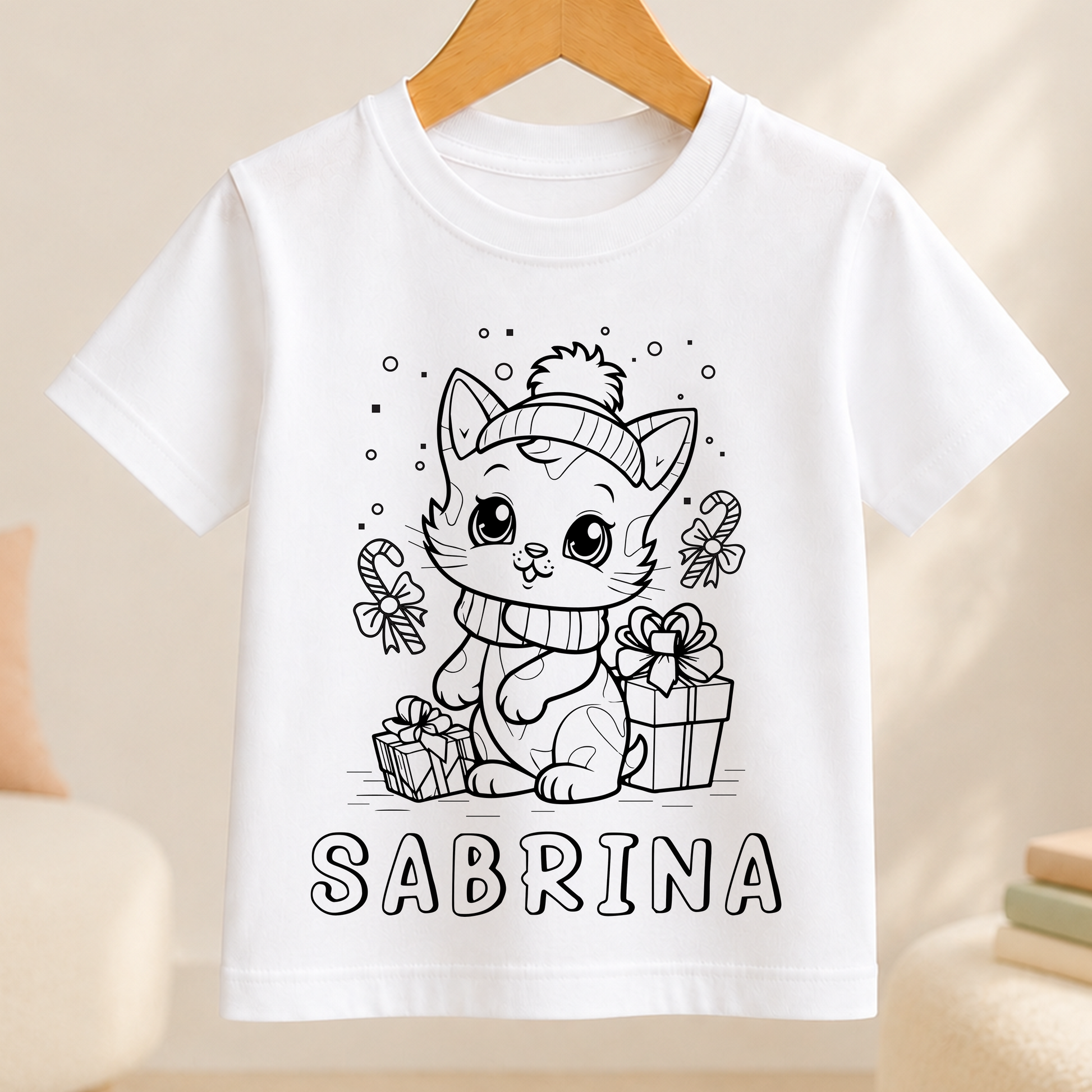 A white t-shirt with a black and white illustration of a cat wearing a hat and holding a gift box, along with the name "SARBRINA" written below the image.