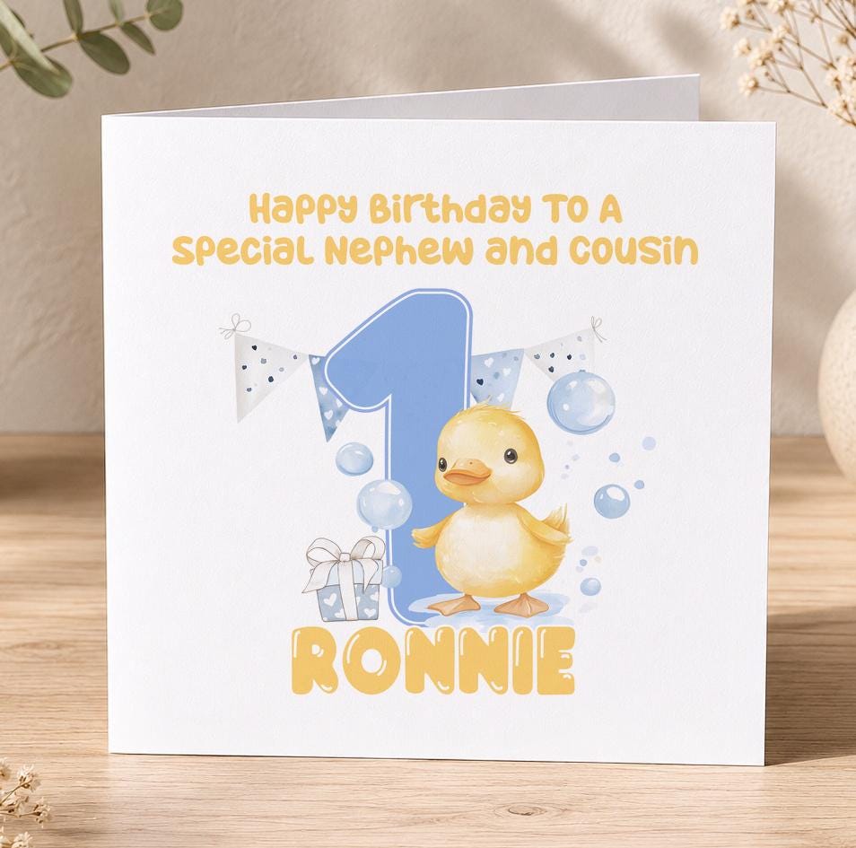 Personalised first birthday card, white 6x6 inch square card printed with a yellow duck, bubbles, a large number one and a name