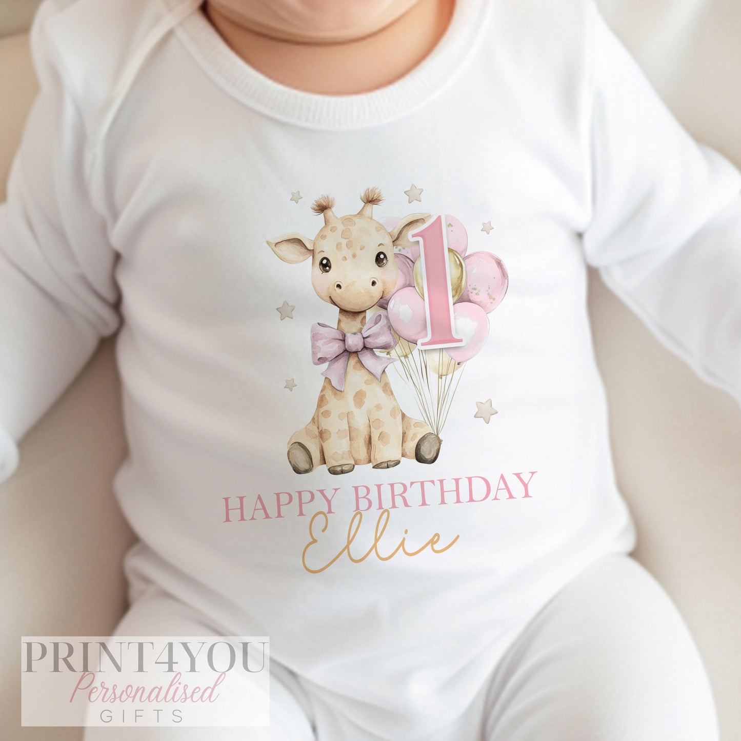 Personalised First Birthday Outfit – Giraffe Baby Birthday Clothes | Soft Cotton Sleepsuit & Vest